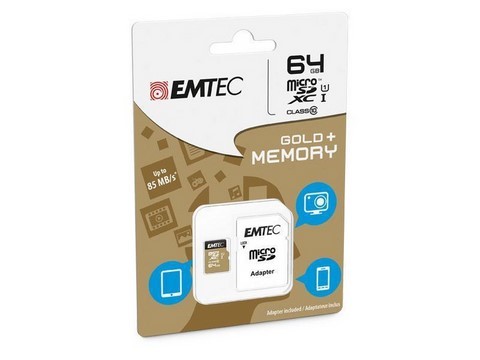 MicroSDXC 64Go EMTEC +adaptateur CL10 EliteGold UHS-I 85MB/s Sous blister