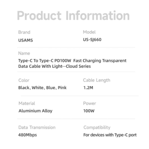 Câble tressé USB Type-C vers USB Type-C 100W Charge rapide (1,2 m) avec LED Usams US-SJ660 Noir
