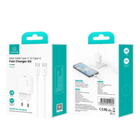 Kit Chargeur rapide 20W T65 + Câble USB Type-C vers USB Type-C 60W (1m) Usams Yi Series OYXLTZ01 / CC226 / SJ711 Blanc